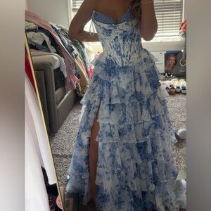 Sherri Hill Blue and White Strapless Gown